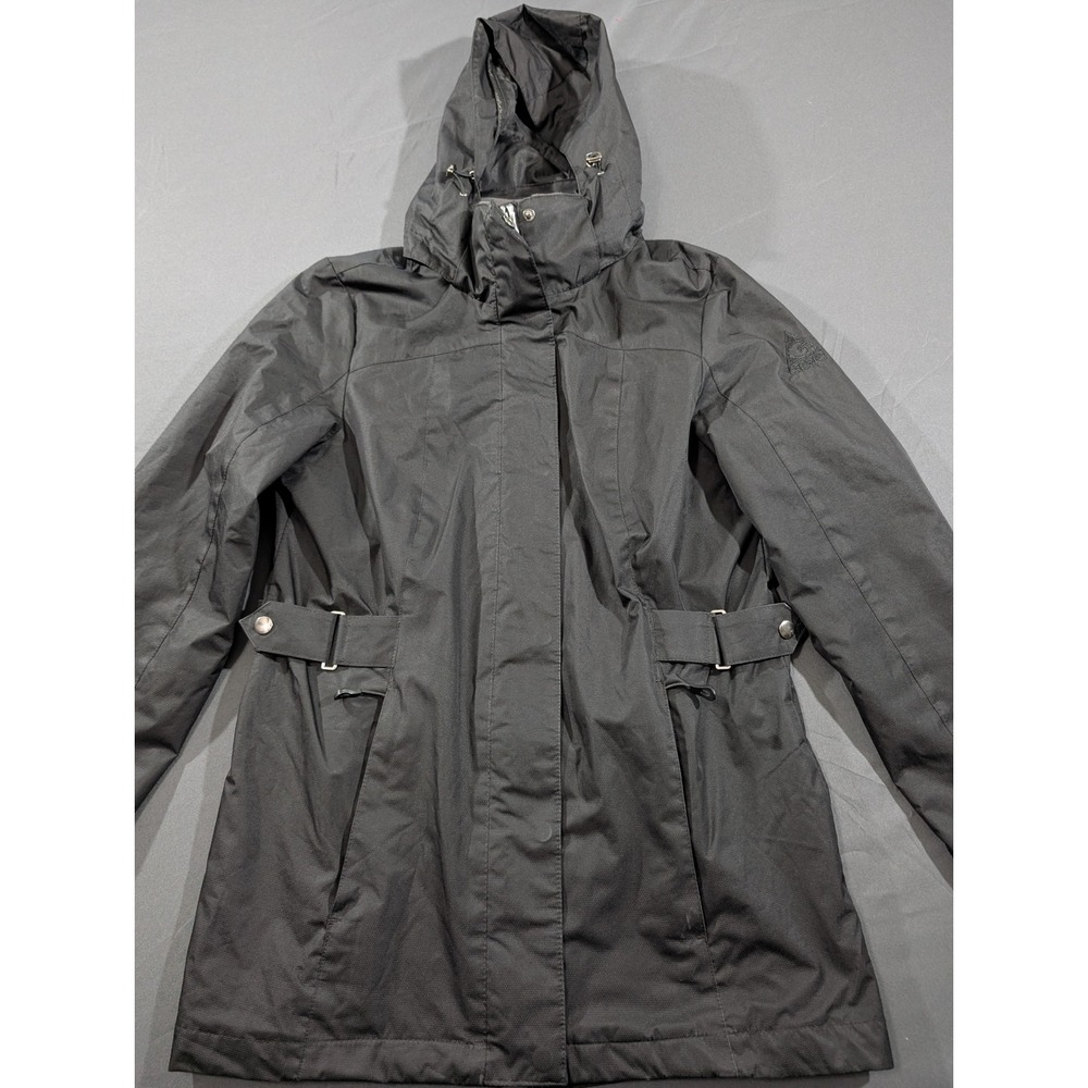 Gerry Womens Black Hooded Rain Jacket Parka Mid Length Size Small PVC Coated